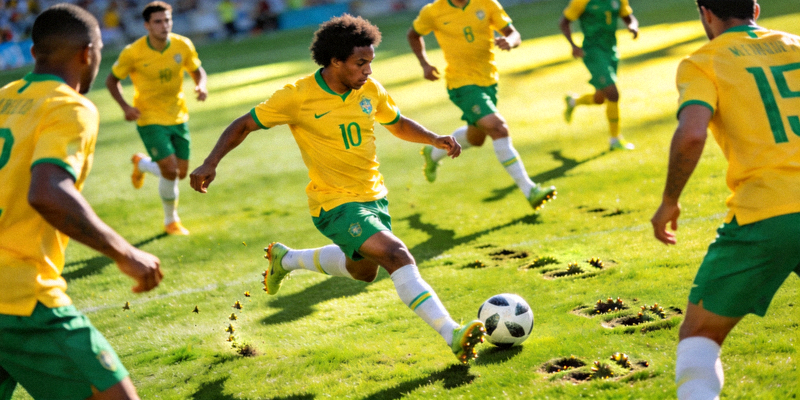 巴西足球队在绿茵场上激烈比赛的精彩瞬间